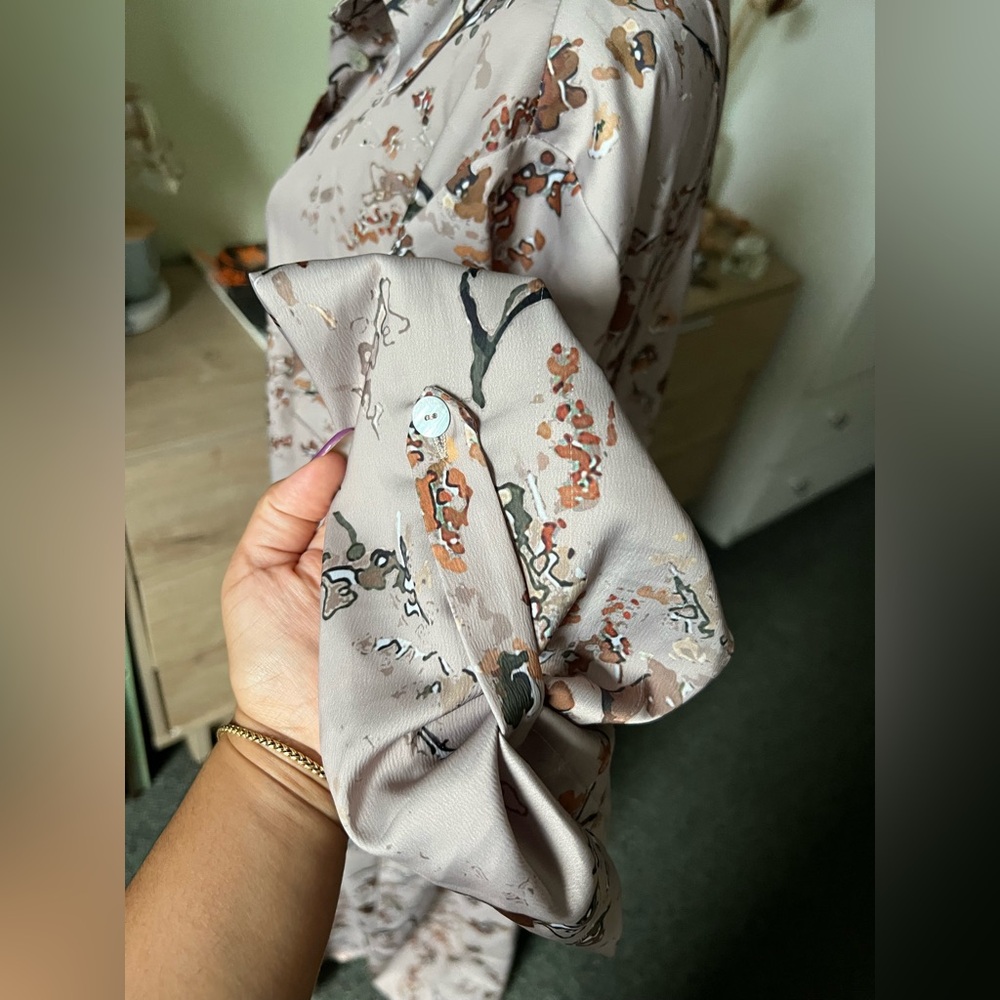 Autumnal Print Modest Maxi Button Down Relaxed Fit Long-Sleeve Satin Dress Sz XL - Picture 5 of 16